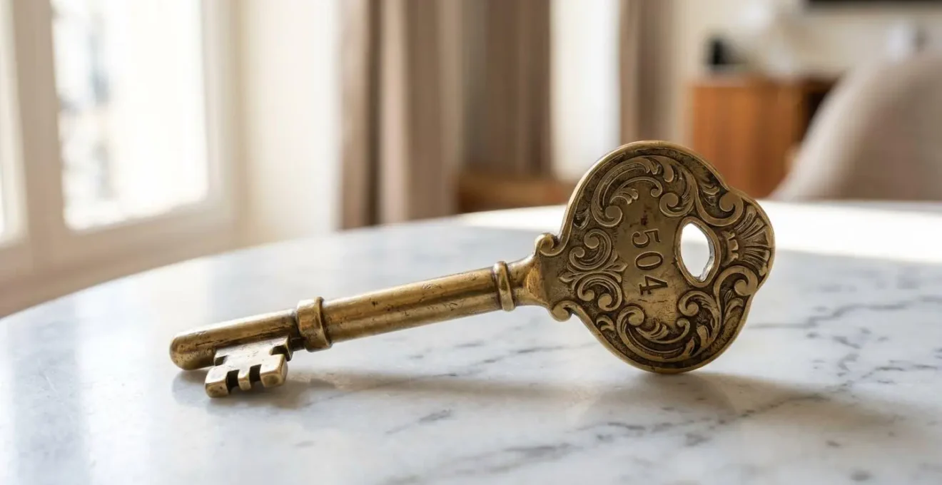 Gros plan extrême d'une clé d'hôtel ancienne posée sur un comptoir en bois avec effet bokeh en arrière-plan