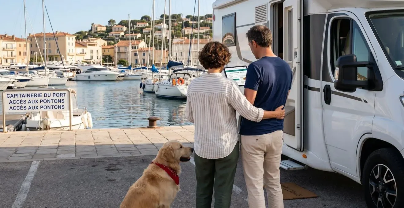 Un couple vu de dos consulte une tablette devant leur camping-car garé près d'un quai de port méditerranéen, un golden retriever assis à leurs pieds