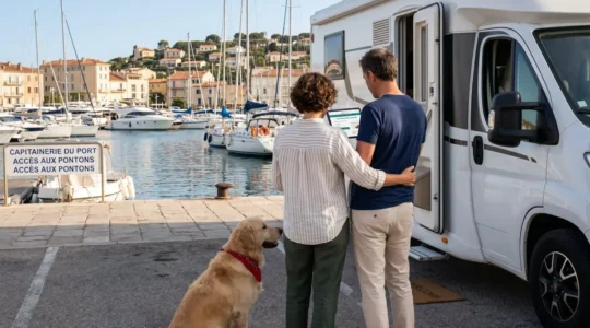 Un couple vu de dos consulte une tablette devant leur camping-car garé près d'un quai de port méditerranéen, un golden retriever assis à leurs pieds
