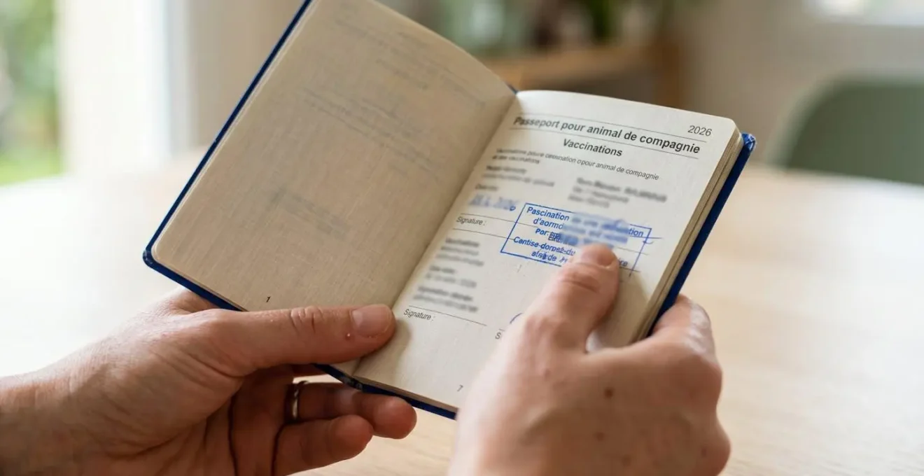 Gros plan sur des mains tenant un passeport européen pour animaux de compagnie ouvert, montrant un tampon de vaccination antirabique partiellement flouté