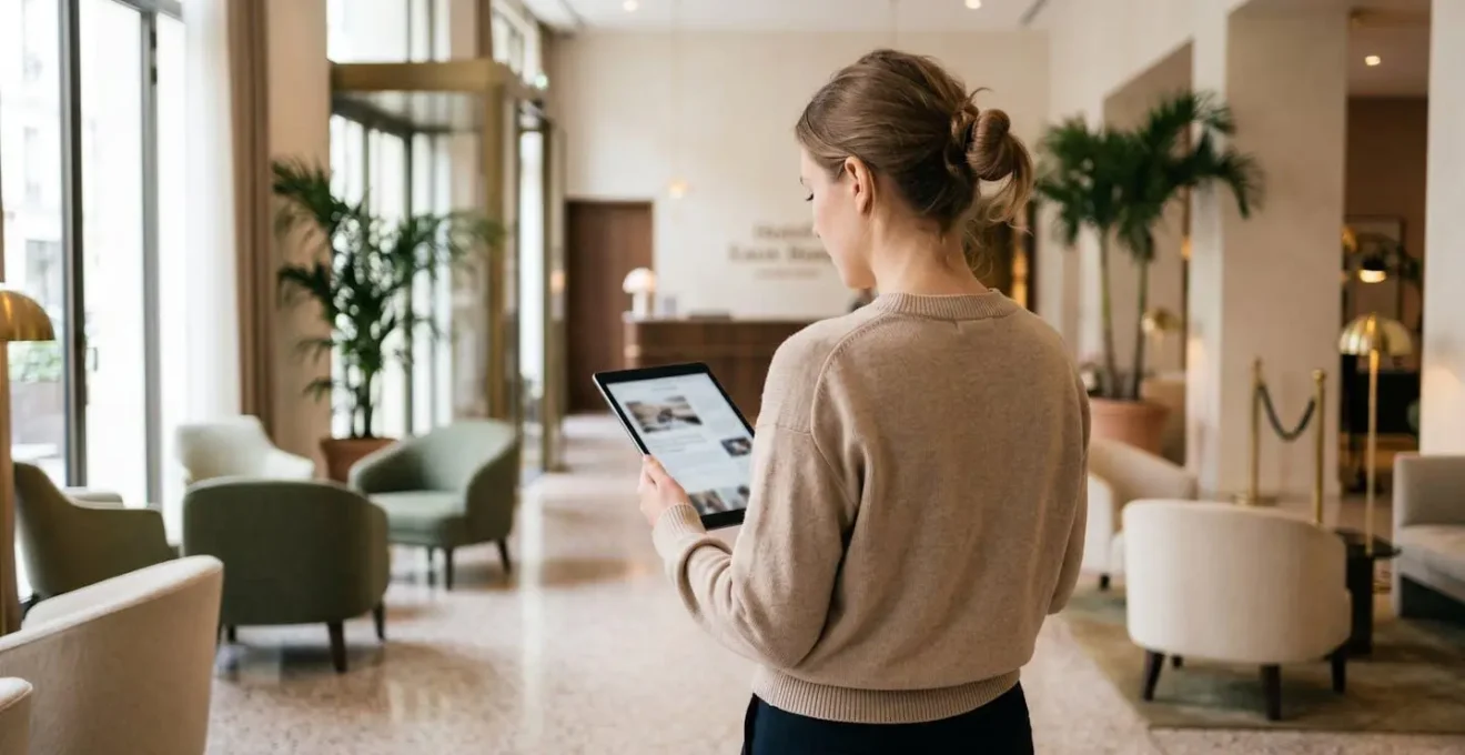 Personne vue de dos consultant une tablette dans un lobby d'hôtel parisien élégant avec décor en arrière-plan flouté