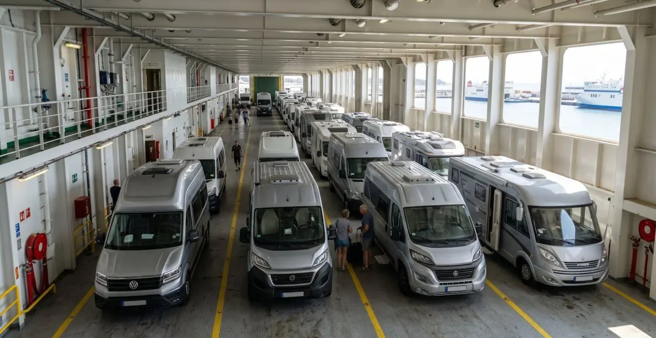Vue grand angle du pont garage intérieur d'un ferry moderne avec plusieurs camping-cars et véhicules aménagés garés en rangées ordonnées