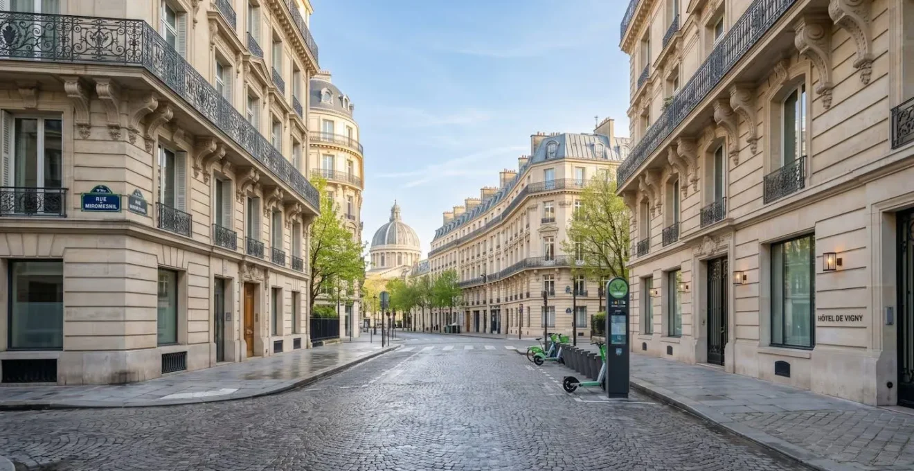Vue d'une rue parisienne calme et élégante du 8e arrondissement avec façades haussmanniennes typiques sous lumière matinale naturelle