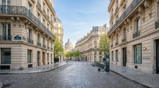 Vue d'une rue parisienne calme et élégante du 8e arrondissement avec façades haussmanniennes typiques sous lumière matinale naturelle