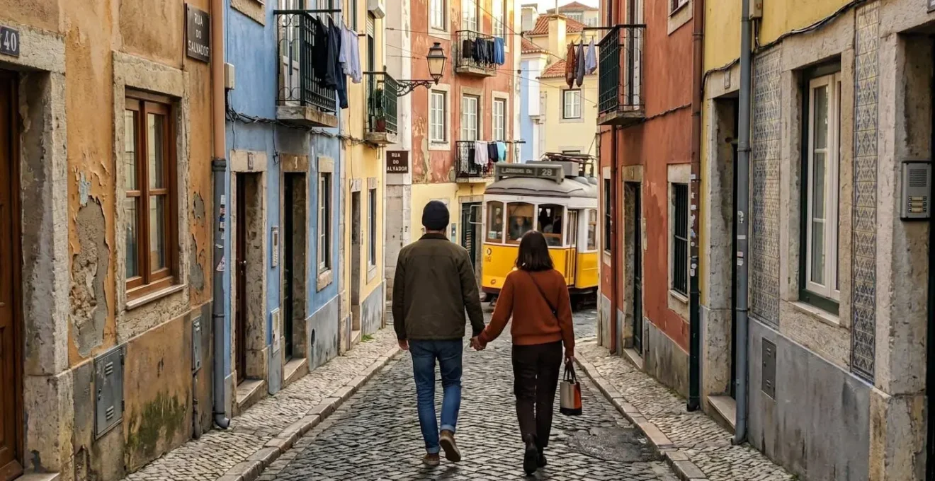 Un couple vu de dos marchant main dans la main dans une ruelle pavée typique aux façades colorées de Lisbonne, avec un tramway jaune traditionnel en arrière-plan et une lumière douce de fin d'après-midi
