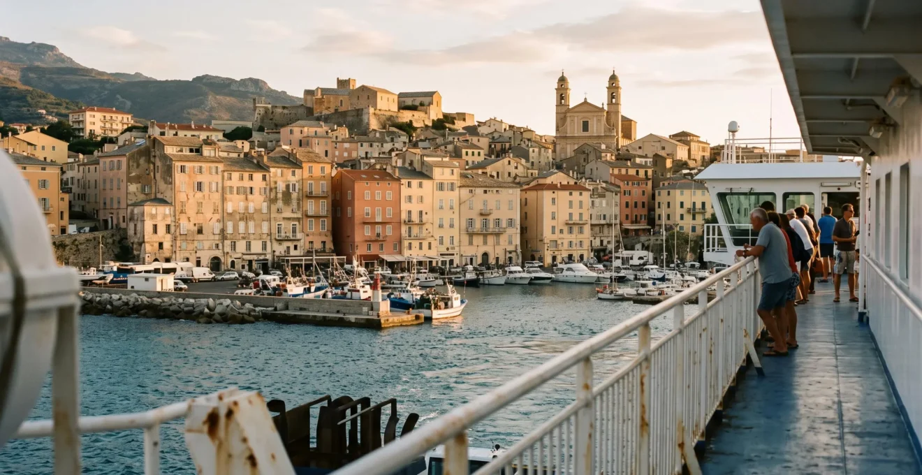 Vue du port de Bastia en Corse depuis le pont d'un ferry en approche, avec l'architecture méditerranéenne typique de la ville côtière