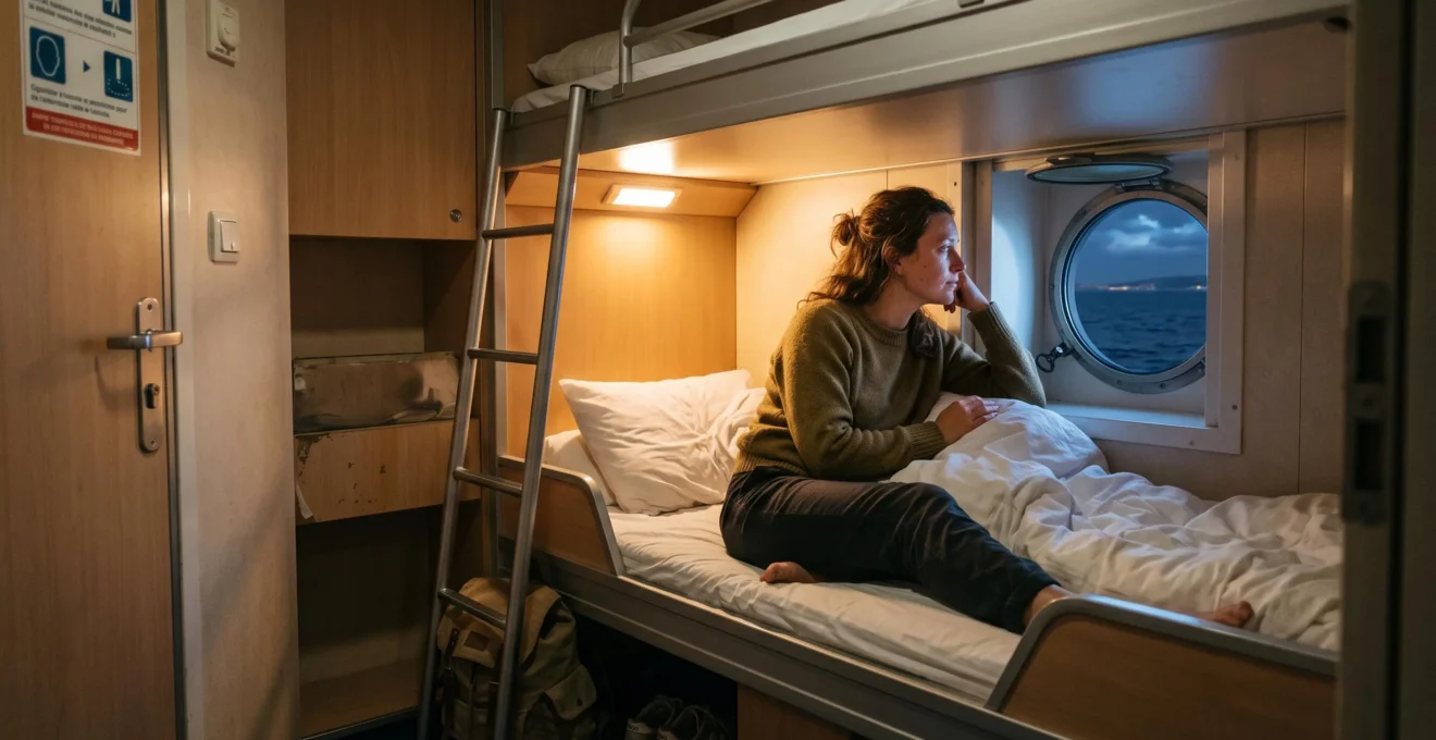 Passager assis dans une cabine de ferry moderne pendant une traversée nocturne, regardant par le hublot vers la mer