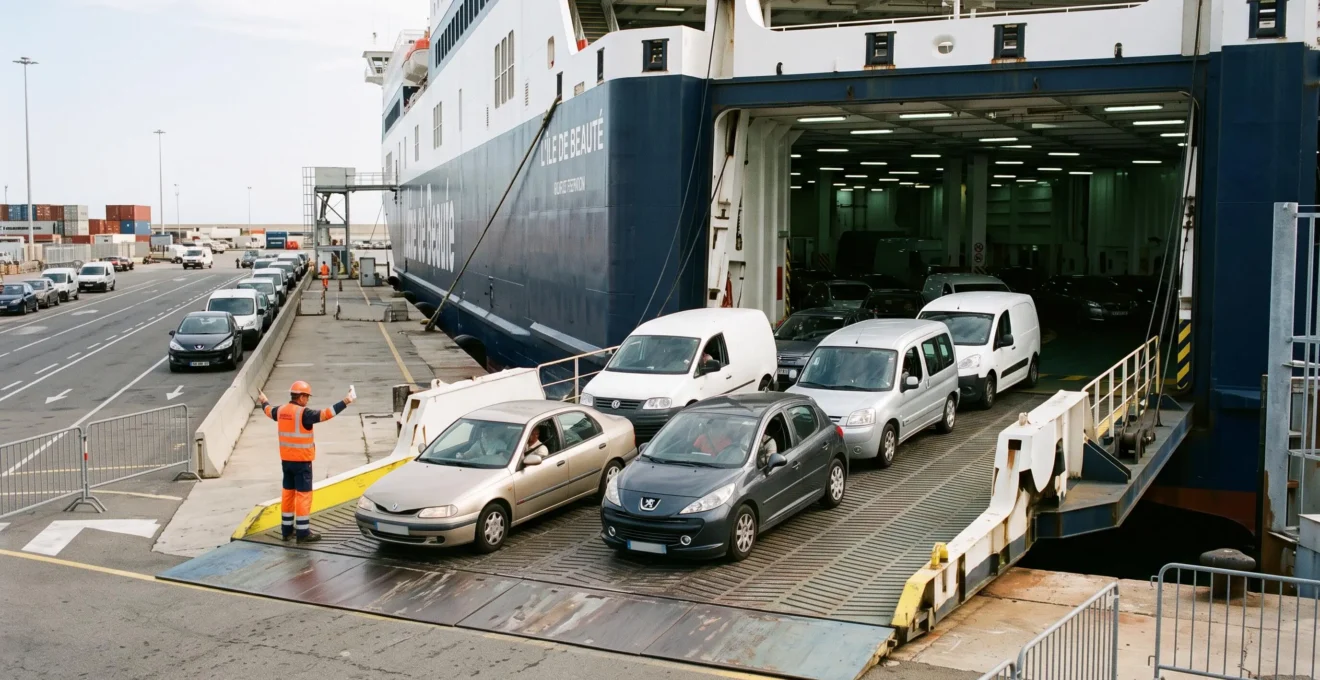 File de véhicules embarquant dans un ferry par la rampe arrière dans un port méditerranéen, avec un membre d'équipage guidant le trafic